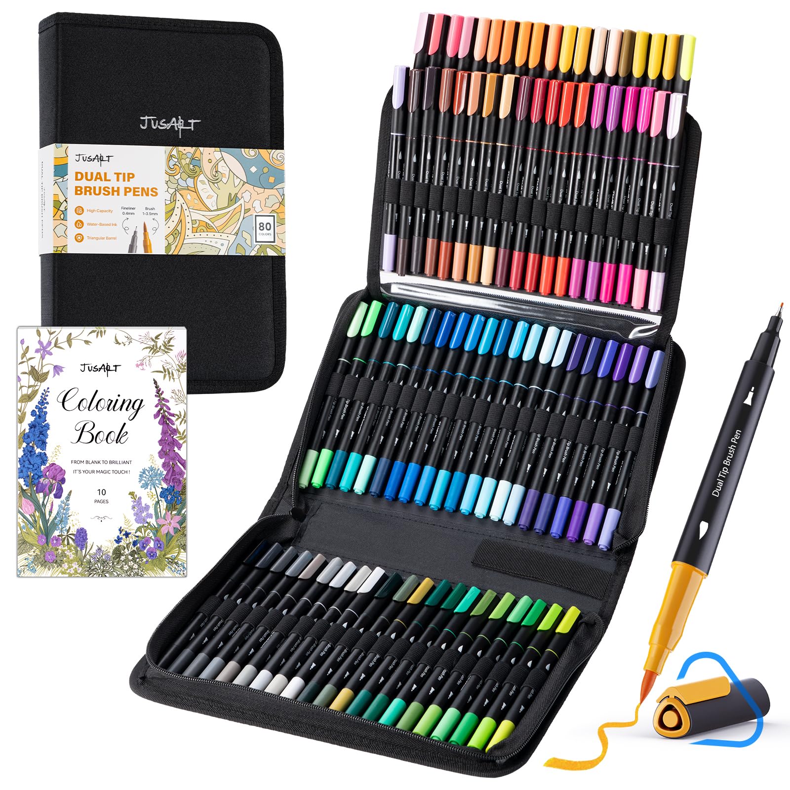 JusArt Markers for Adult Coloring Books No Bleeding, 80 Colors Coloring Markers with Dual Tips, Fine & Brush Pens with Ergonomic Triangle Grip & 33% More Ink, Water-Based Art Drawing Set for Adults