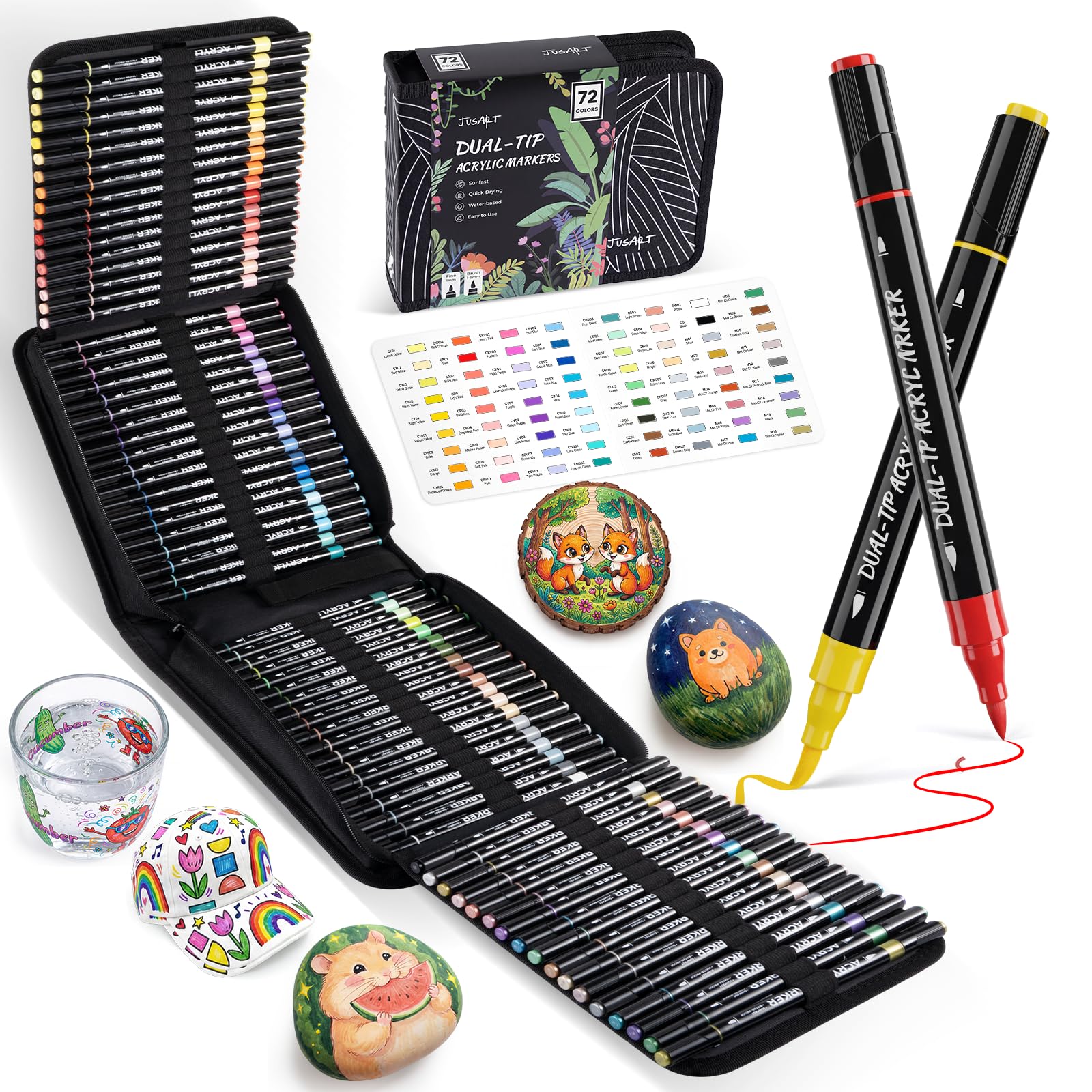 JusArt 72 Colors Acrylic Paint Markers Set with Canvas Bag, Dual Tips with Brush Tip & Fine Tip, No-Bleed, Waterproof, Non-Toxic & Odorless Adult Paint Pens for Rock, Egg, Wood, fabric, Glass, DIY