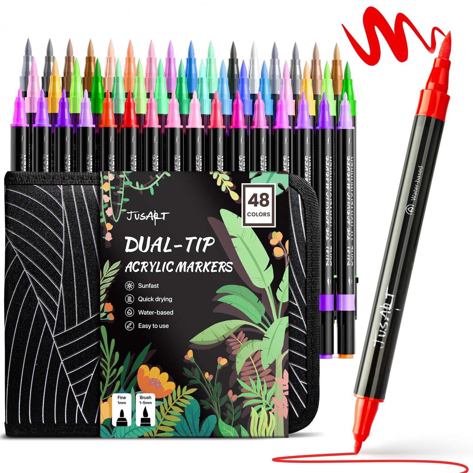 JusArt 48 Colors Acrylic Paint Markers Set with Canvas Bag, Dual Tips with Brush Tip & Fine Tip, No-Bleed, Waterproof, Non-Toxic & Odorless Paint Pens for Rock, Egg, Wood, Canvas, Ceramic, DIY