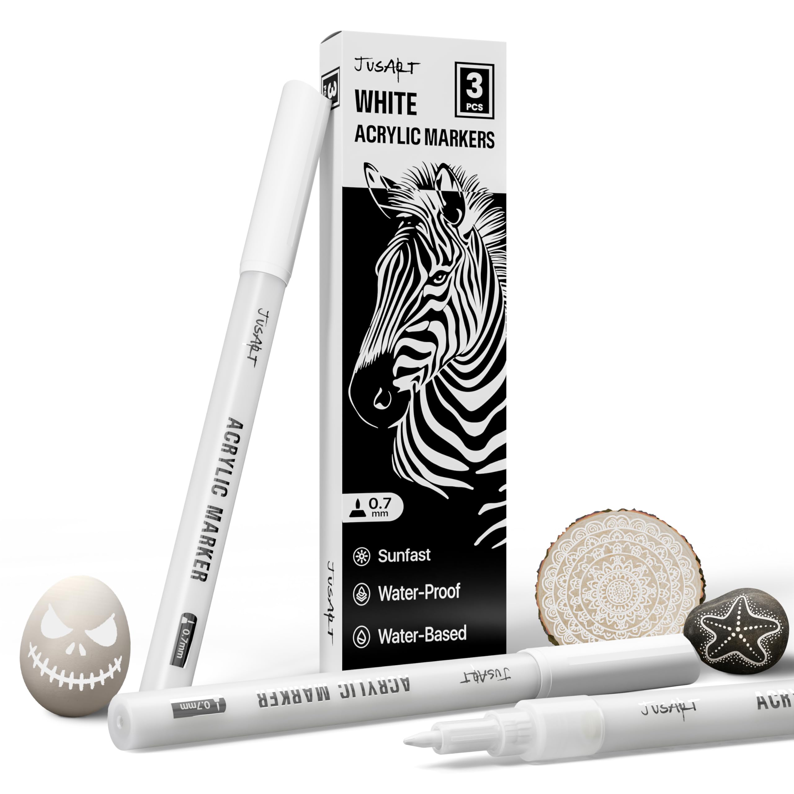 JusArt 3 Pack White Permanent Markers, 0.7mm Fine Point Acrylic Paint Pens for Rock Painting, Art Projects, Ceramic, Glass, Wood, Metal, Fabric, DIY, Ideal White Acrylic Marker for Art Supplies
