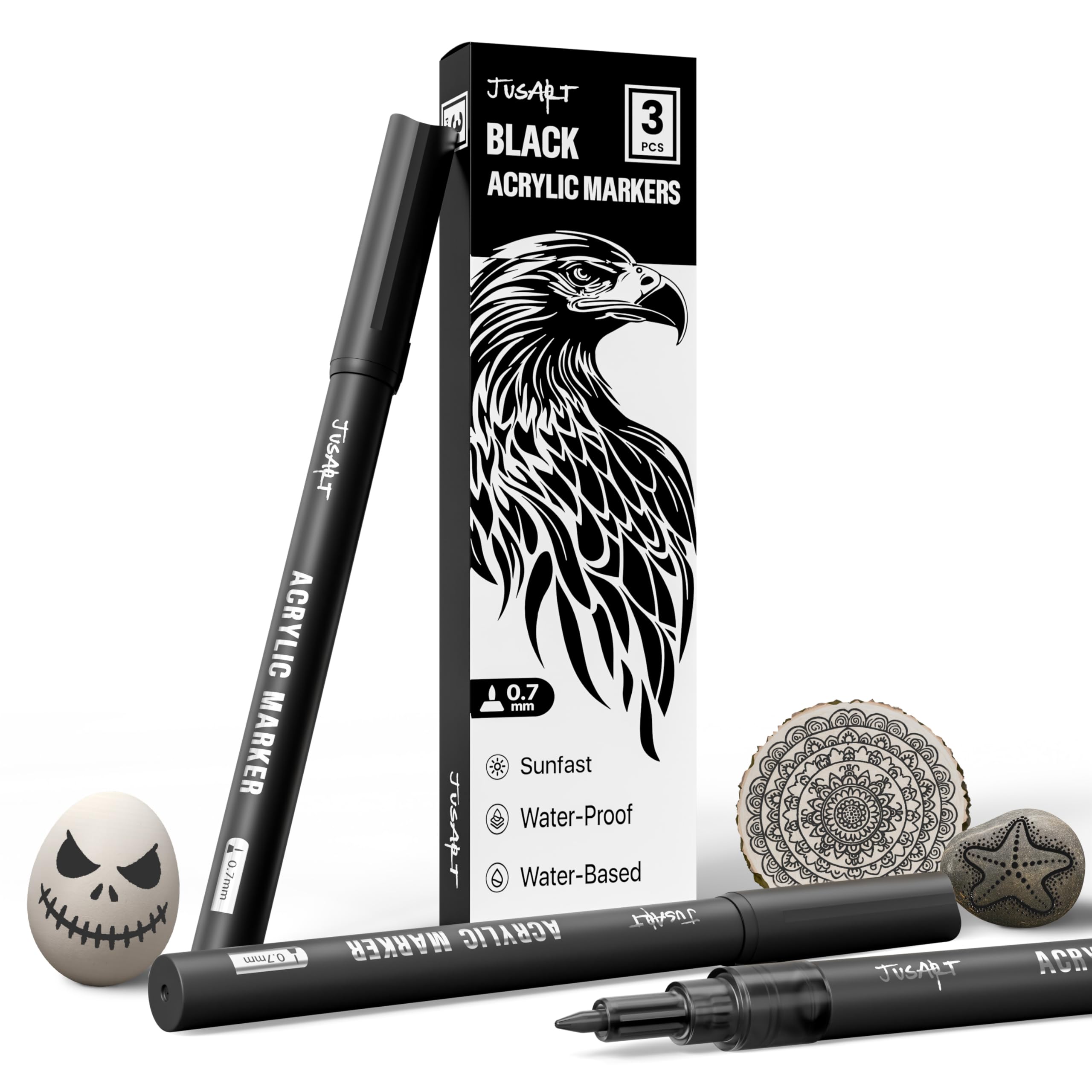 JusArt 3 Pack Black Permanent Markers, 0.7mm Fine Point Acrylic Paint Pens for Rock Painting, Art Projects, Ceramic, Glass, Wood, Metal, Fabric, DIY, Ideal White Acrylic Marker for Art Supplies