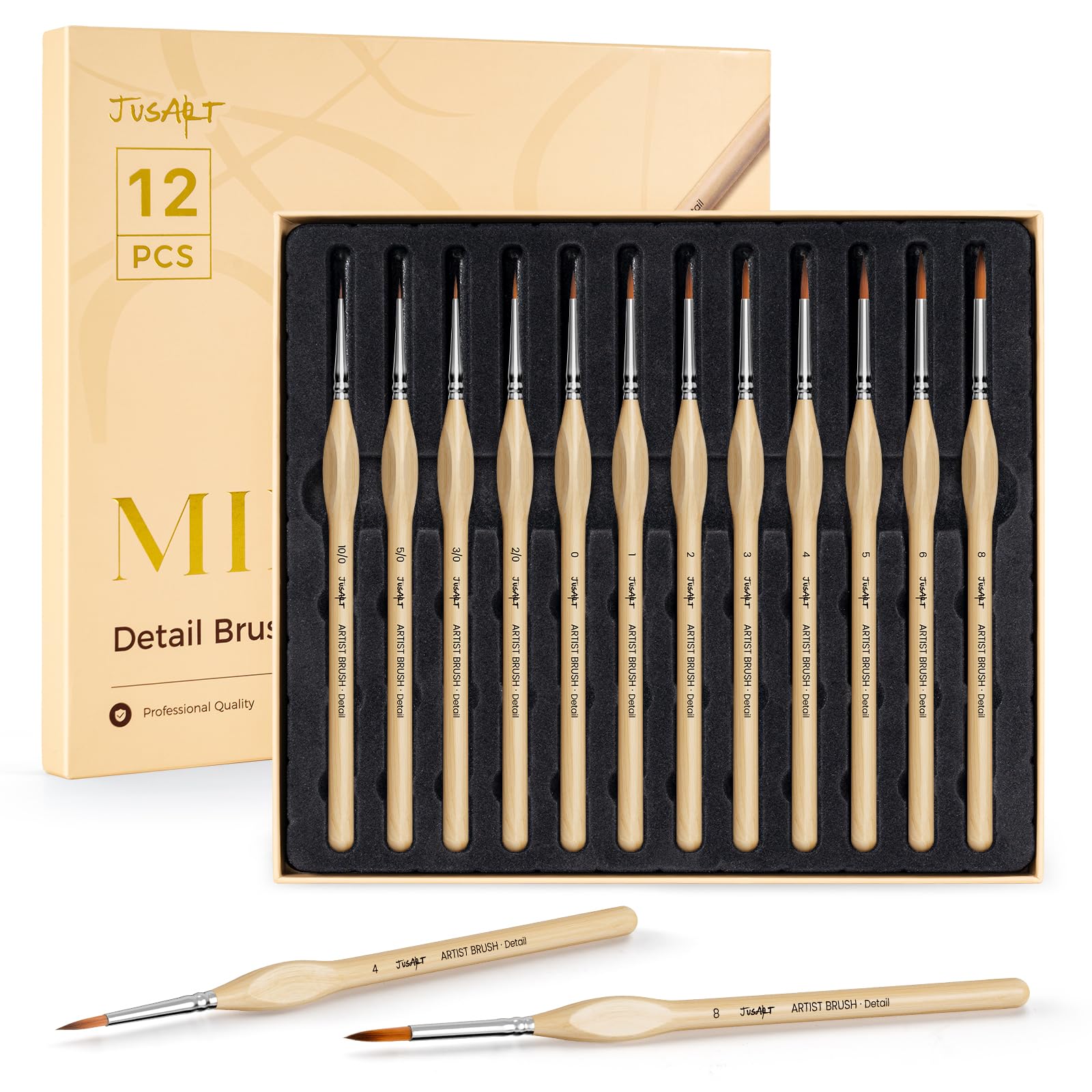 JusArt Detail Paint Brushes Set, 12 PCS Fine Tip Model Miniature Paint Brushes for Fine Detailing - Acrylic, Watercolor, Oil, Models, Rock Painting & Paint by Number - Triangular Handles (Wood)