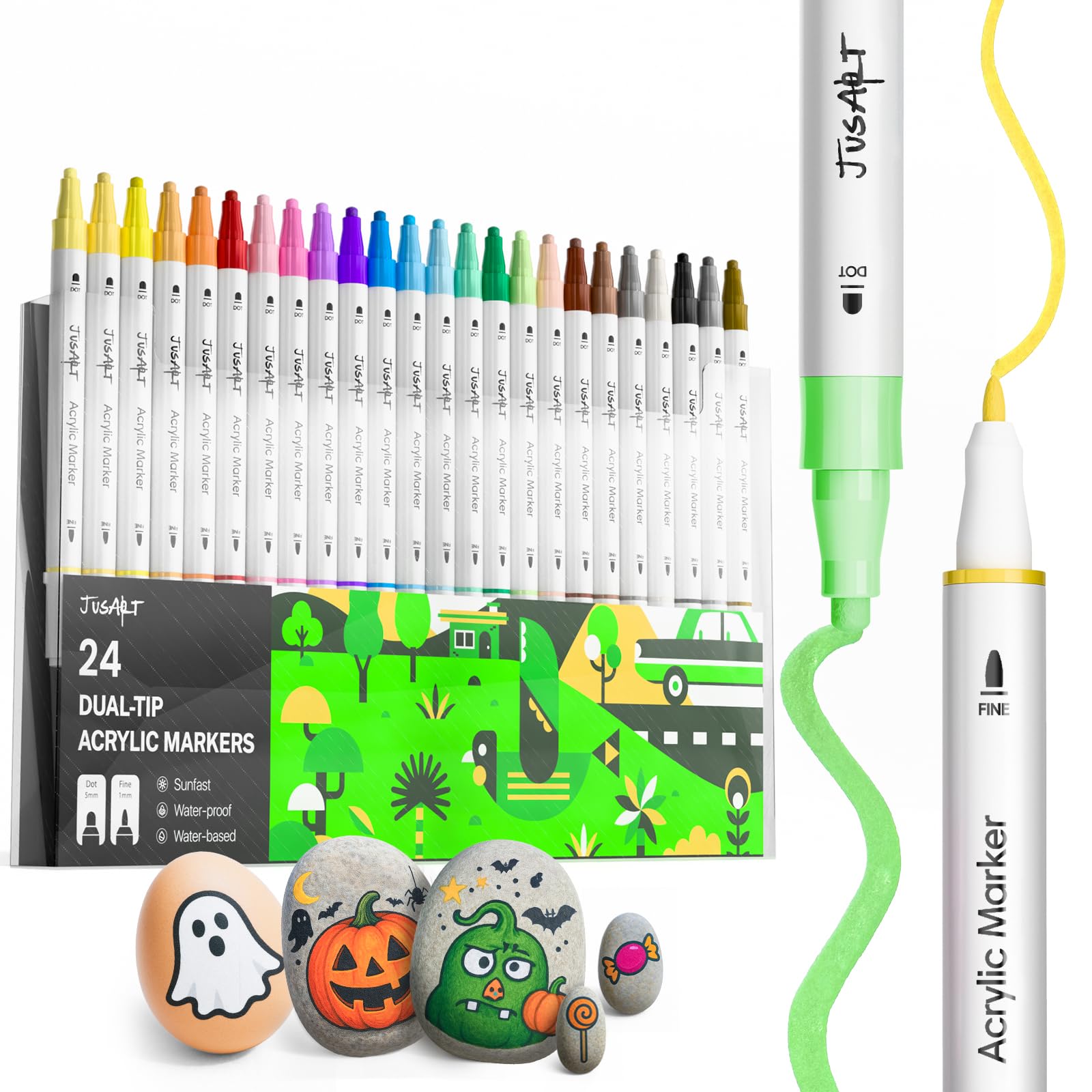 JusArt 24 Colors Dual Tip Acrylic Paint Pens Markers, Premium Water-Based Acrylic Paint Markers for Fabric, Rock, Wood, Glass, Eggs, Canvas, Ceramic, Easter Basket Stuffers DIY Crafts Drawing Markers