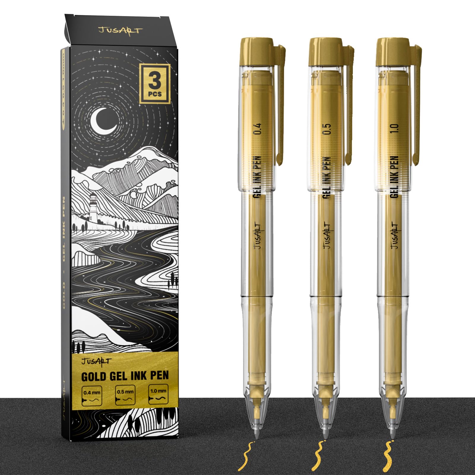 JusArt Gold Pens with 0.4mm, 0.5mm & 1.0mm Assorted Tips, Opaque Ink Gel Pens for Black Paper, Drawing, Journaling & DIY Crafts, Ideal Drawing Pens for Artists & Art Supplies, 3 Pack