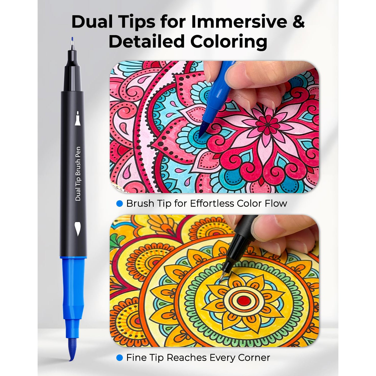 JusArt Markers for Adult Coloring Books No Bleeding, 60 Colors Coloring Markers with Dual Tips, Fine & Brush Pens with Ergonomic Triangle Grip & 33% More Ink, Water-Based Art Drawing Set for Adults