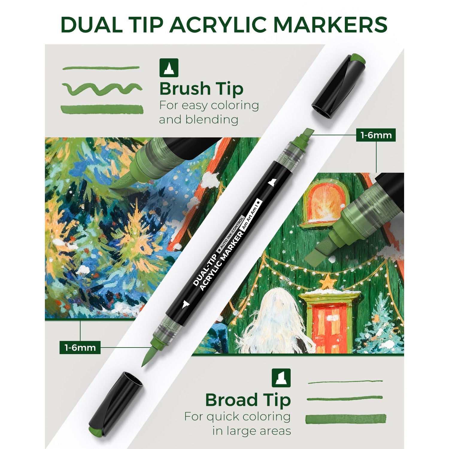JusArt Automatic Ink Control Acrylic Paint Markers,60 Colors Dual Tip with Broad Tip and Brush Tip Pens for Ceramic, Wood, Canvas, Glass, Stone, Fabric, Rock Painting, DIY Crafts Art Supplies Kit