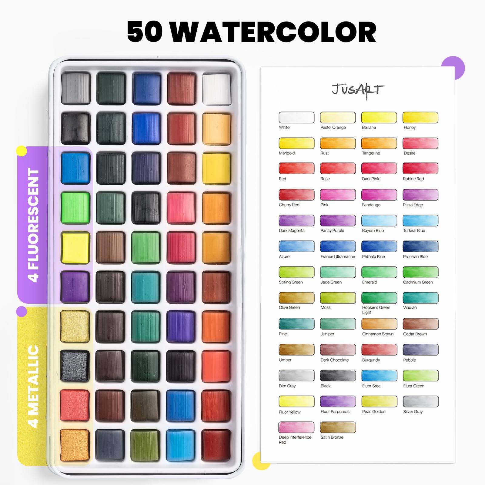 JusArt 50 Colors Watercolor Paint Set,Art Supplies with Metallic Color, Detail Painting Brushes, Water Brush Pens, Portable Travel Painting Kit for Artists, Professionals, Adults
