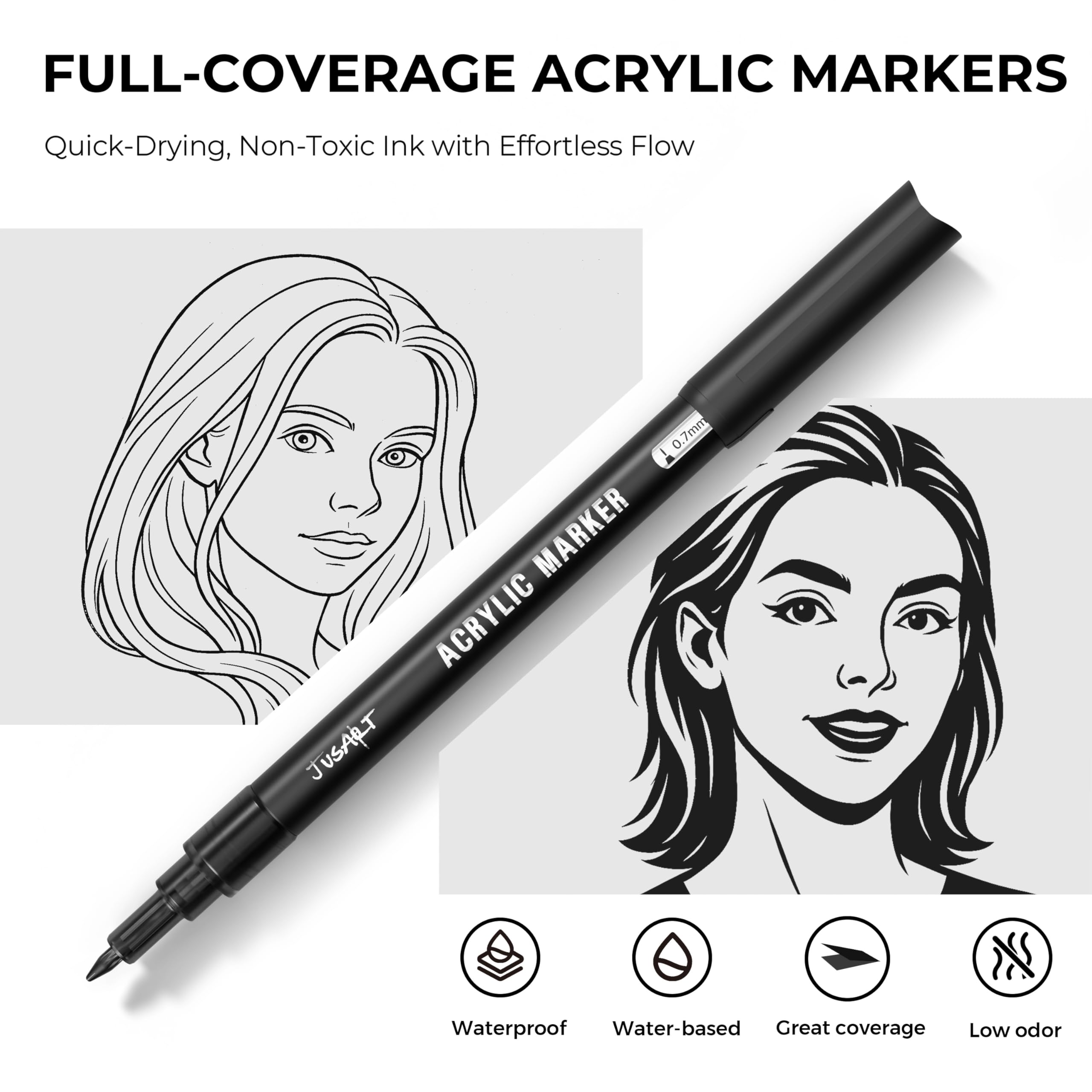 JusArt 3 Pack Black Permanent Markers, 0.7mm Fine Point Acrylic Paint Pens for Rock Painting, Art Projects, Ceramic, Glass, Wood, Metal, Fabric, DIY, Ideal White Acrylic Marker for Art Supplies