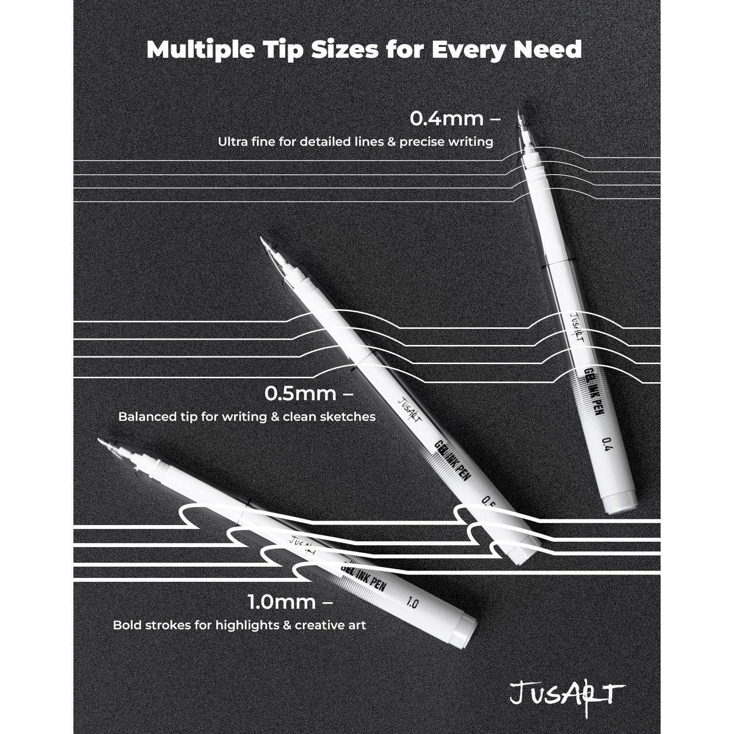 JusArt White Gel Pens with 0.4mm, 0.5mm & 1.0mm Assorted Tips, Opaque White Ink Pens for Black Paper, Drawing, Journaling & DIY Crafts, Ideal Drawing Pens for Artists & Art Supplies, 5 Pack
