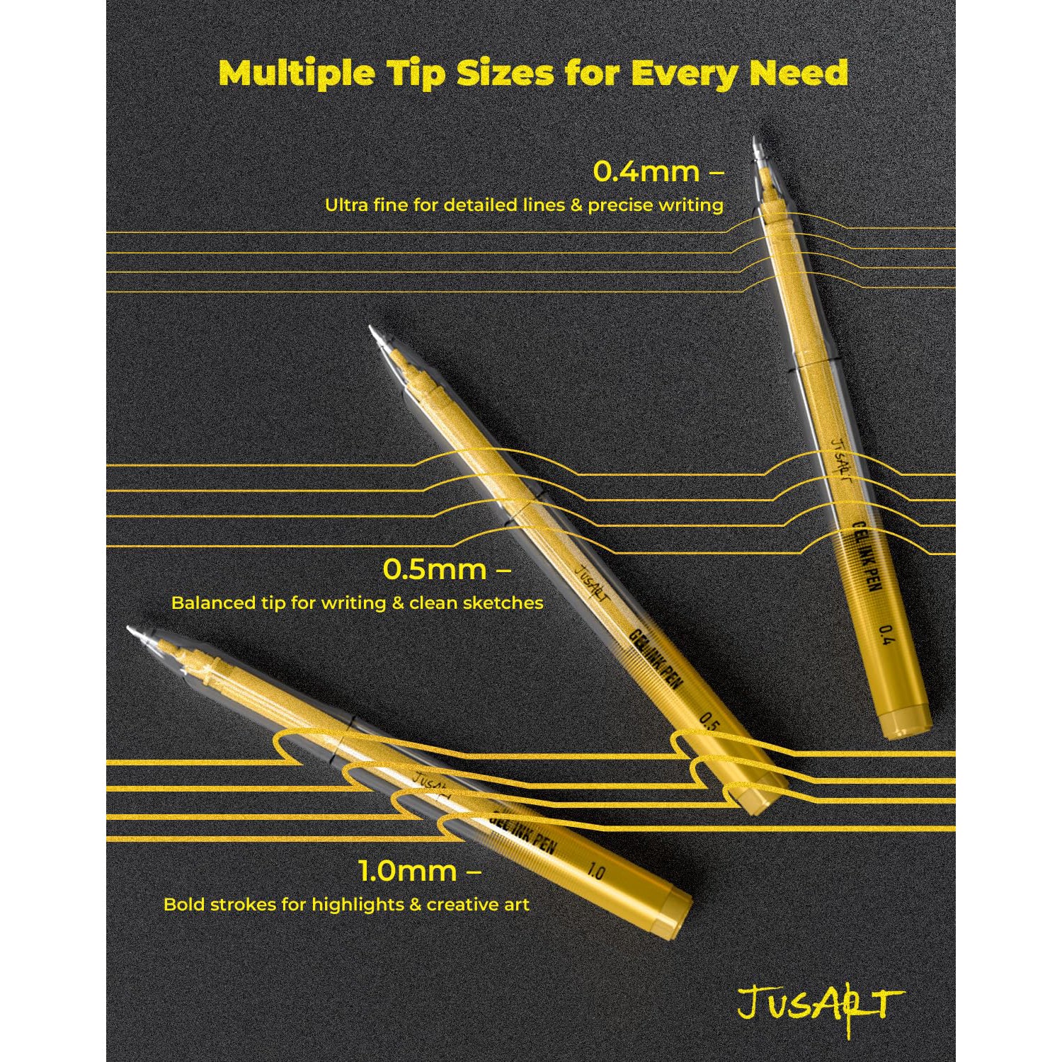 JusArt Gold Pens with 0.4mm, 0.5mm & 1.0mm Assorted Tips, Opaque Ink Gel Pens for Black Paper, Drawing, Journaling & DIY Crafts, Ideal Drawing Pens for Artists & Art Supplies, 3 Pack