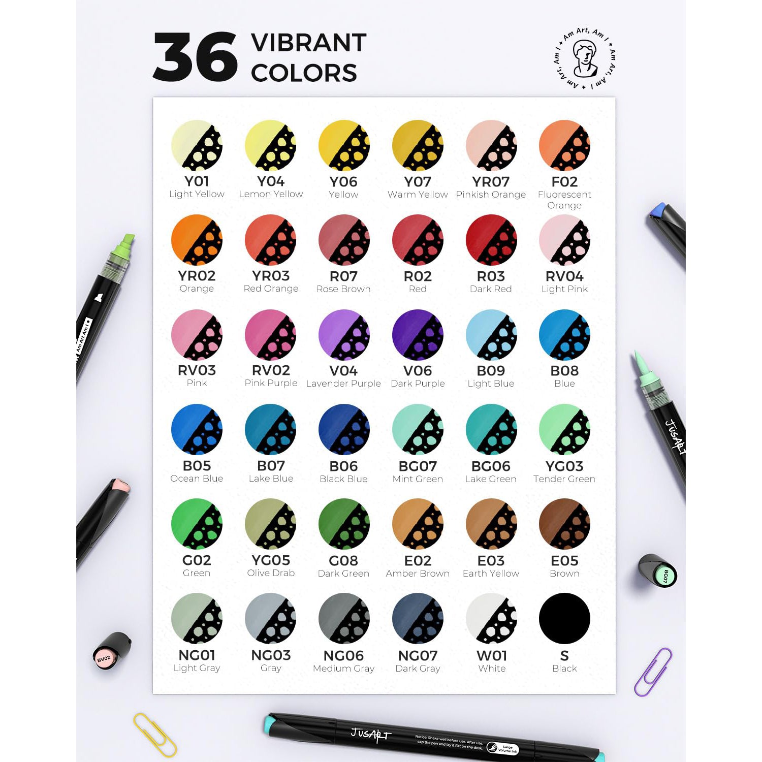 JusArt Automatic Ink Control Acrylic Paint Markers,36 Colors Dual Tip with Broad Tip and Brush Tip Pens for Ceramic, Wood, Canvas, Glass, Stone, Fabric, Rock Painting, DIY Crafts Art Supplies Kit