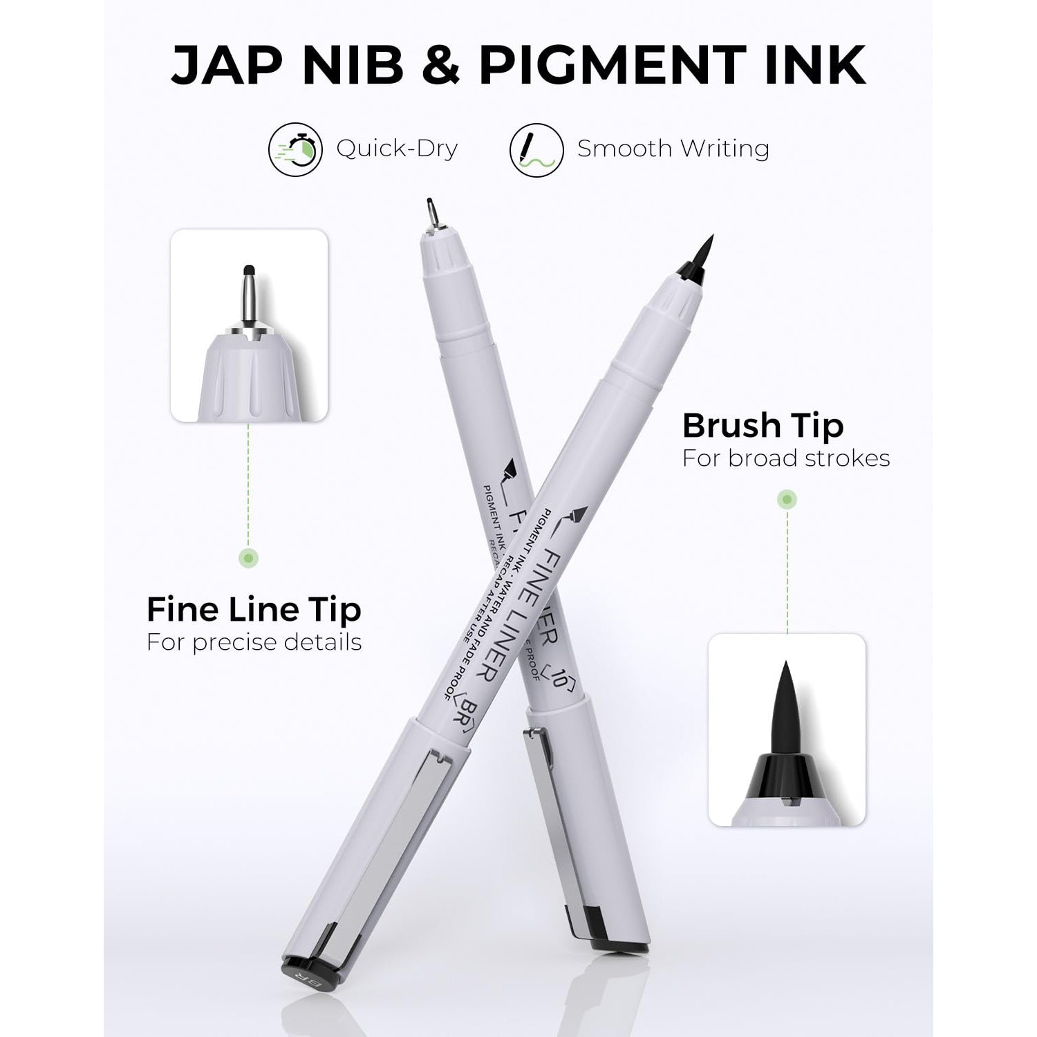 JusArt Fineliner Pens, 8 Size, Ultra Fine, Fine & Brush, Waterproof Black Pigment Ink Drawing Pens for Illustration, Sketching, Writing, Journaling, Bible Notes, Technical Drawing pens