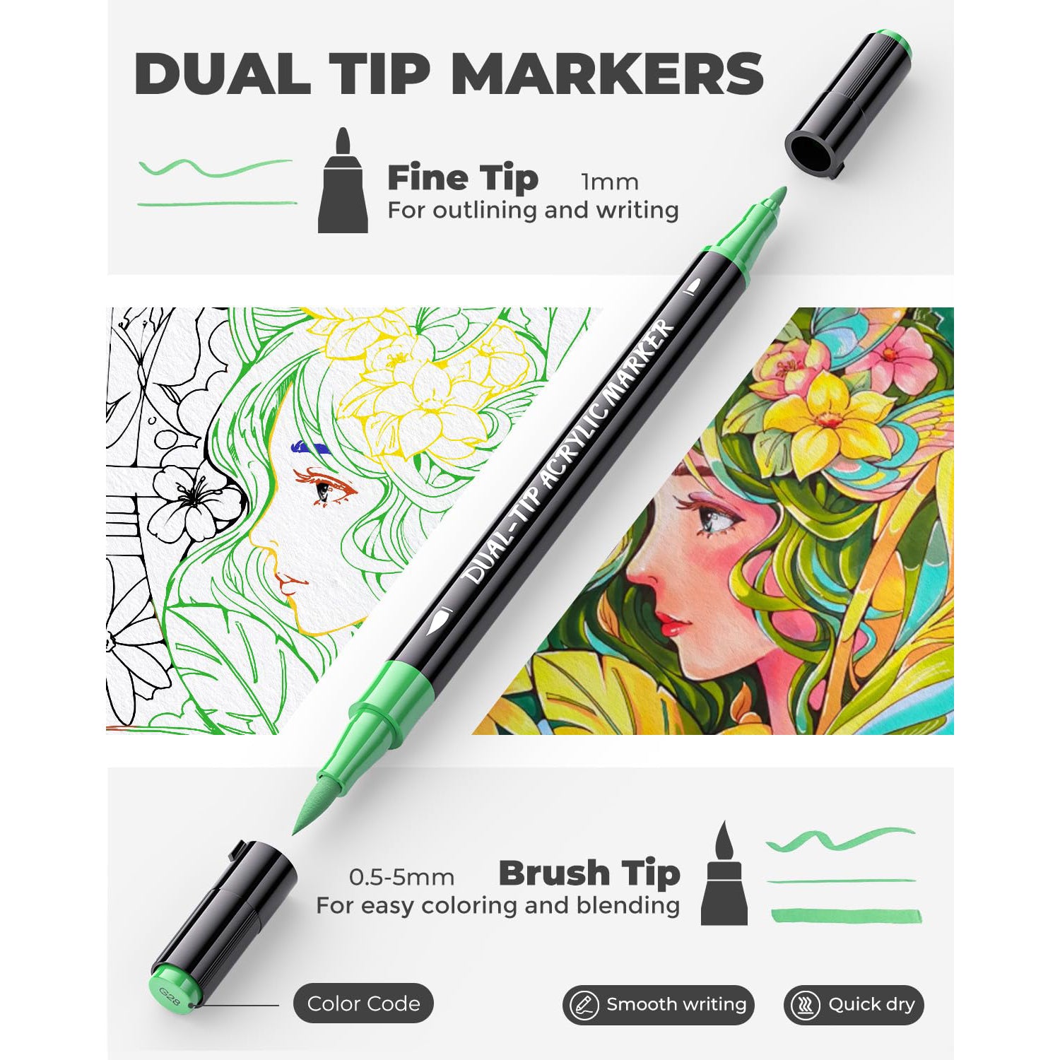 JusArt 48 Colors Acrylic Paint Markers Set with Canvas Bag, Dual Tips with Brush Tip & Fine Tip, No-Bleed, Waterproof, Non-Toxic & Odorless Paint Pens for Rock, Egg, Wood, Canvas, Ceramic, DIY
