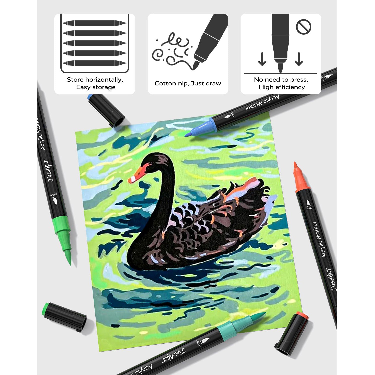 JusArt 36 Colors Dual Tip Acrylic Paint Pens Markers, Brush and Fine Tip, Premium Paint Pens for Wood, Canvas, Egg, Stone, Fabric, Rocks, Metal, Glass, Ceramic, DIY Crafts Making Art Supplies Gifts