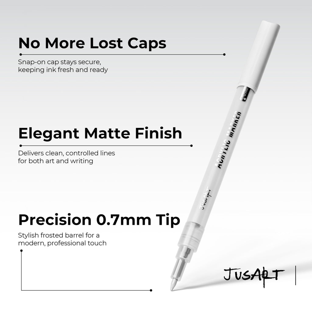 JusArt 6 Pack White Permanent Markers, 0.7mm Fine Point Acrylic Paint Pens for Rock Painting, Art Projects, Ceramic, Glass, Wood, Metal, Fabric, DIY, Ideal White Acrylic Marker for Art Supplies