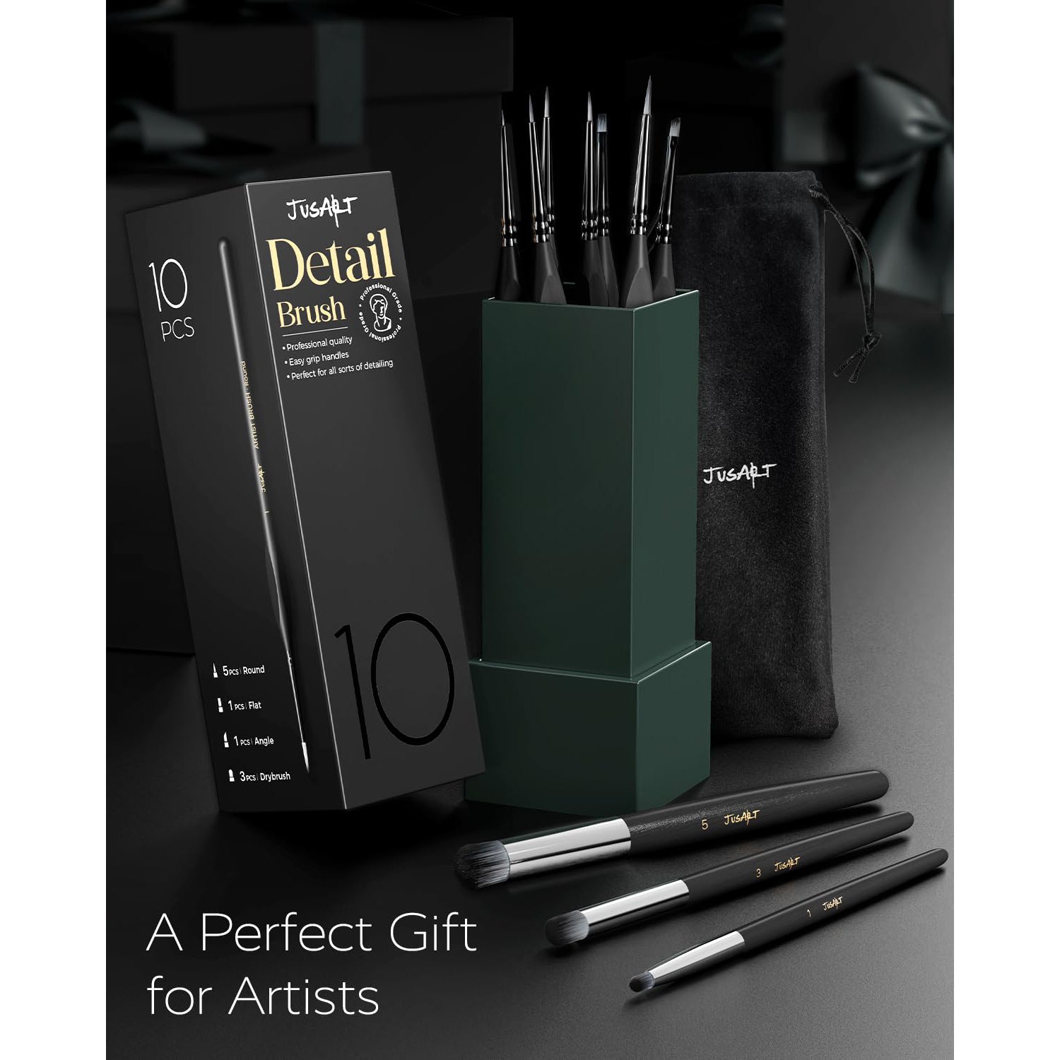 JusArt 10-Piece Detail Paint Brush Set, Miniature Paint Brushes for Models, Acrylic Oil Watercolor, Professional Fine Detail Brushes for Adults & Miniature Painters