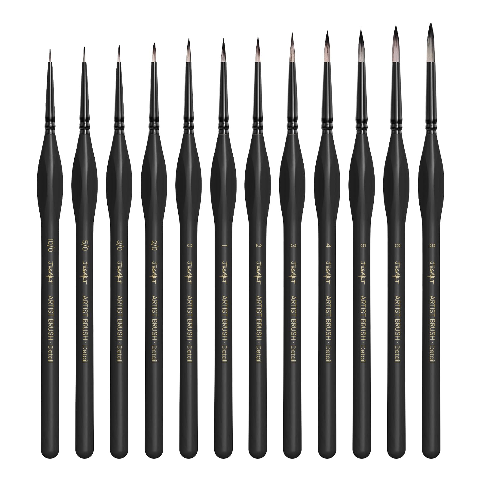 JusArt Detail Paint Brushes Set, 12 PCS Fine Tip Model Miniature Paint Brushes for Fine Detailing - Acrylic, Watercolor, Oil, Models, Rock Painting & Paint by Number - Triangular Handles (Black)